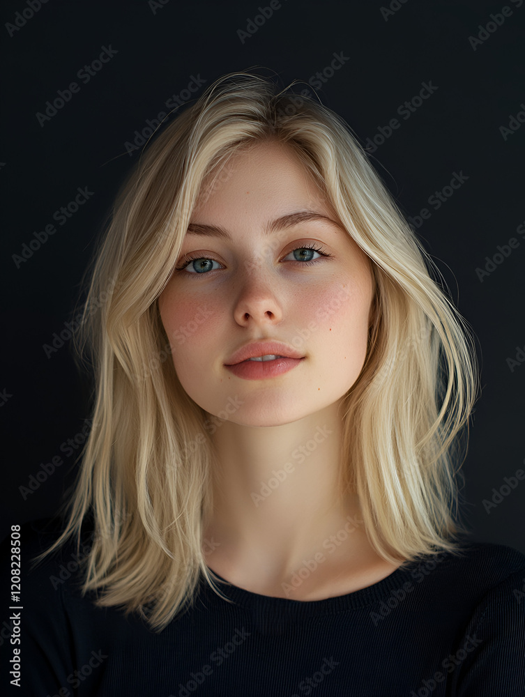 Blond Beauty: A captivating portrait of a young woman with long, flowing blonde hair, piercing blue eyes, and a soft, delicate smile. Blond Beauty: A captivating portrait of a young woman with long, flowing blonde hair, piercing blue eyes, and a soft, delicate smile.