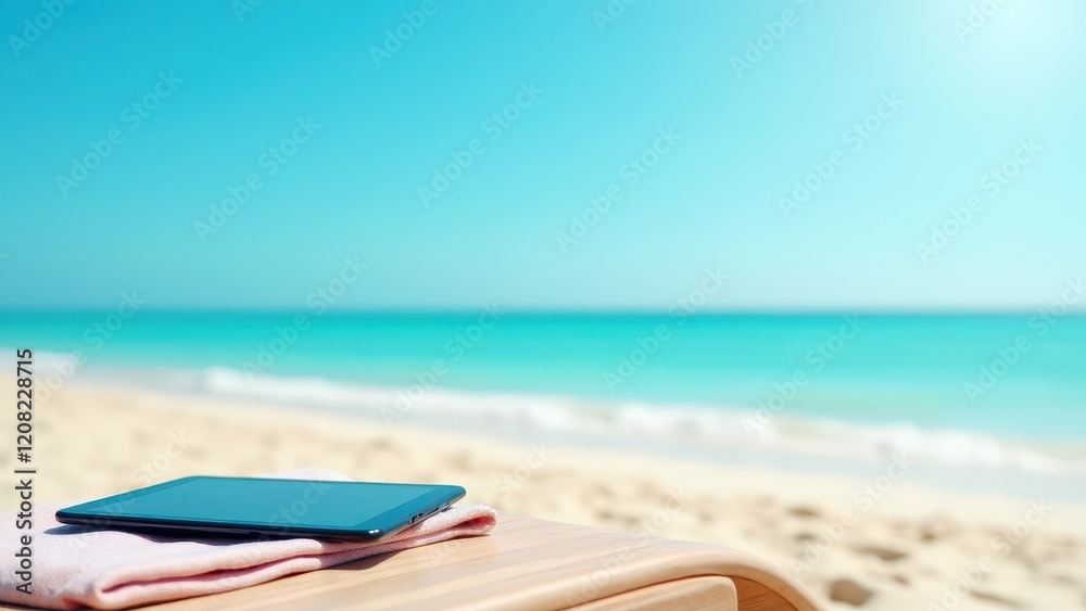 E-book Mockup on Tablet, Tablet with e-book on beach towel ocean backdrop E-book Mockup on Tablet, Tablet with e-book on beach towel ocean backdrop