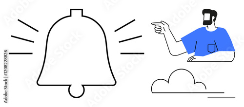 Bell with sound lines signaling an alert, a person pointing, and a cloud below. Ideal for notifications, reminders, digital alerts, user interaction, online communication, cloud services