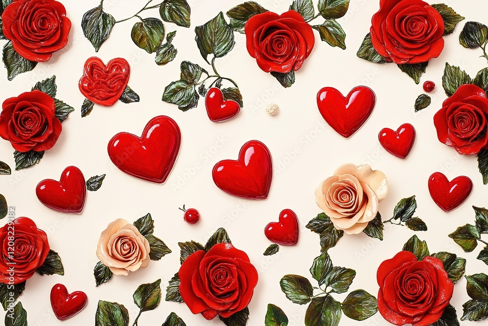 Red and peach colored roses and red hearts forming a beautiful pattern on a light beige background create a perfect design for a valentine's day greeting card, expressing love and romance
