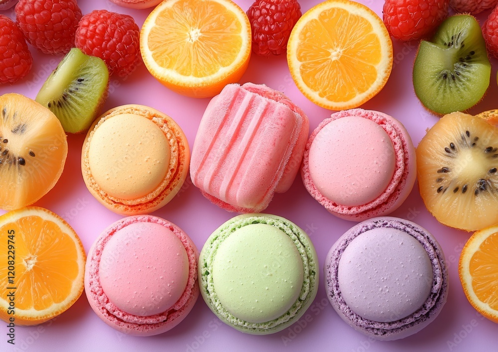 Gourmet Flat-Lay of Summer Treats: Popsicles, Tropical Fruits, and Pastel Macarons on Lavender Background Gourmet Flat-Lay of Summer Treats: Popsicles, Tropical Fruits, and Pastel Macarons on Lavender Background