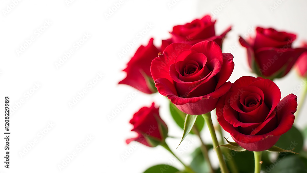 Elegant border of a few red roses against a pristine white backdrop. Depth of field, romantic mood, soft lighting, and a serene atmosphere. High detail, professional quality, focus on the roses., Ul Elegant border of a few red roses against a pristine white backdrop. Depth of field, romantic mood, soft lighting, and a serene atmosphere. High detail, professional quality, focus on the roses., Ul