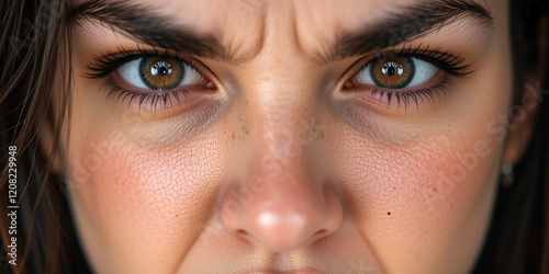 Wide extreme closeup face of angry woman looking at camera with realistic expressions big eye balls and messy hair