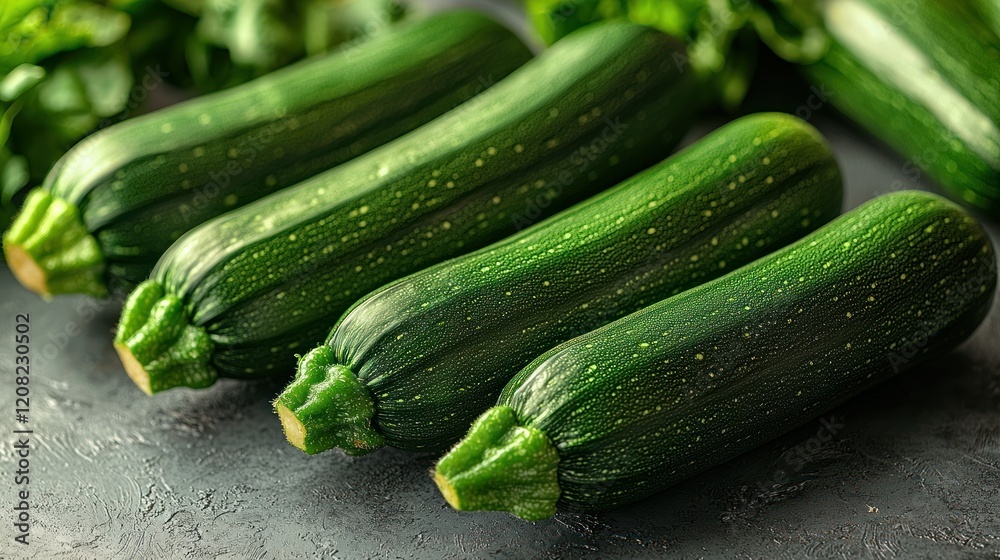 Fresh Green Zucchinis on Dark Surface Fresh Green Zucchinis on Dark Surface