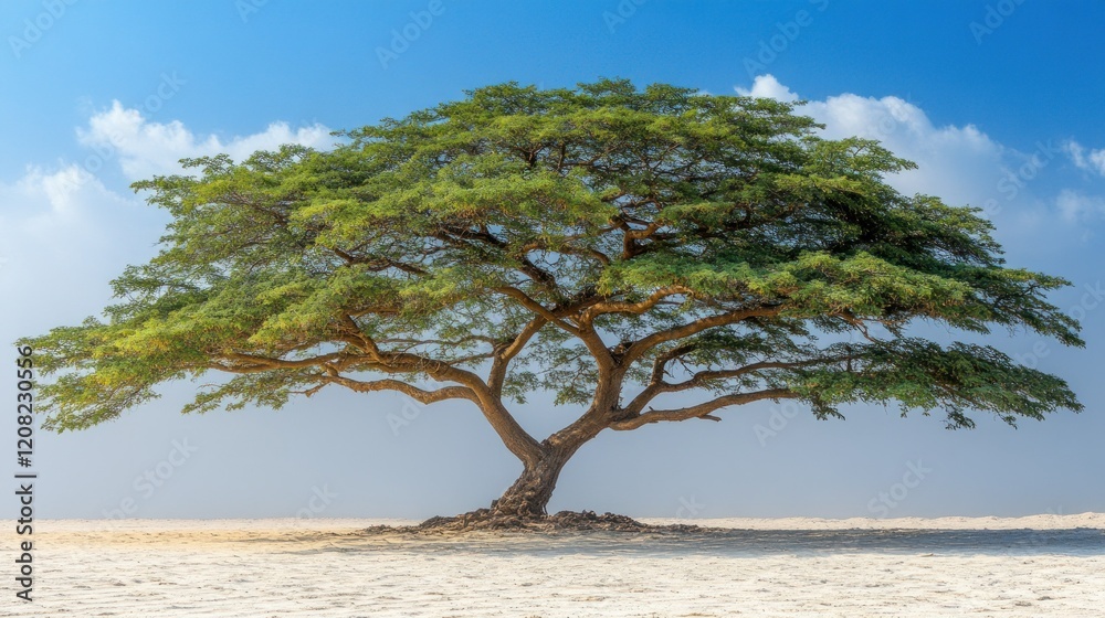 Majestic Tree of Serenity: A Lone Tree on a Sandy Shore Under a Blue Sky Majestic Tree of Serenity: A Lone Tree on a Sandy Shore Under a Blue Sky