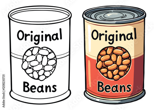 A Can of Beans Line Art Vector Illustration Black and White with Coloring Sample. Bold and Easy Food, Fruits, Sweets, Drinks, Dessert, and Snacks Coloring Pages for Adults and Kids