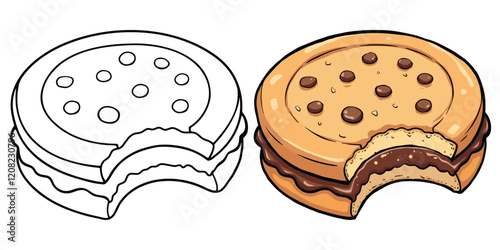 Peanut Butter Cookies Line Art Vector Illustration Black and White with Coloring Sample. Bold and Easy Food, Fruits, Sweets, Drinks, Dessert, and Snacks Coloring Pages for Adults and Kids