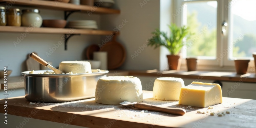 Fototapeta premium Artisan Cheesemaking in a Sunlit Kitchen Fresh Curds Prepared for Aging