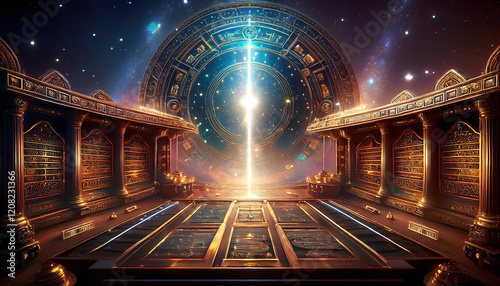 Metaphysical Akashic Records, Hall of records in a temple sitting in the cosmos. Akashic Records light of heaven, etheric energy hall of rememberance, spiritual, review, afterlife