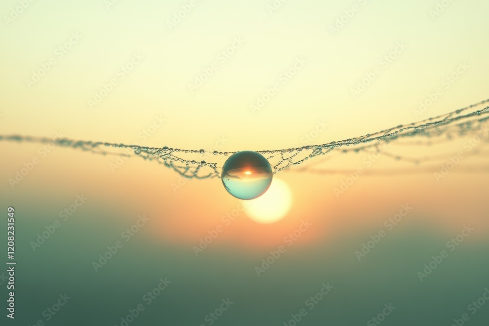 Dewdrop sphere on a spiderweb reflects the sunrise, a serene and captivating nature scene. Dewdrop sphere on a spiderweb reflects the sunrise, a serene and captivating nature scene.