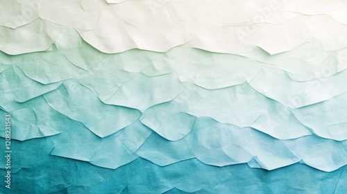 Abstract waves of paper in gradient tones of blue and green, creating a serene and artistic texture.