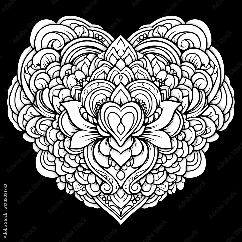 Intricate vector heart design with floral patterns, black background, detailed and artistic Intricate vector heart design with floral patterns, black background, detailed and artistic
