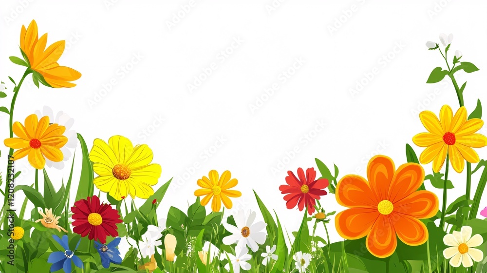 Obraz premium A vibrant floral arrangement featuring colorful flowers in shades of yellow, red, and blue against a white background.