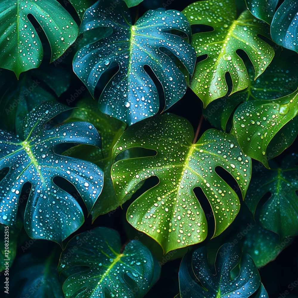 Fototapeta premium Vibrant Green Monstera Leaves With Water Droplets in Natural Light