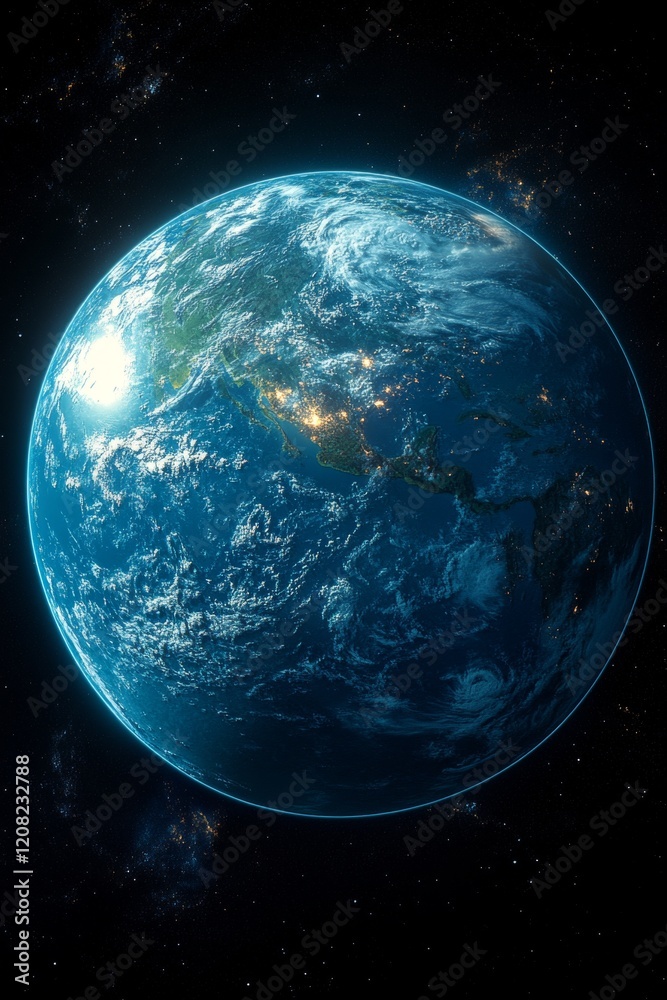 Fototapeta premium Image of Earth Viewed from Space with Glowing Continents and Clouds