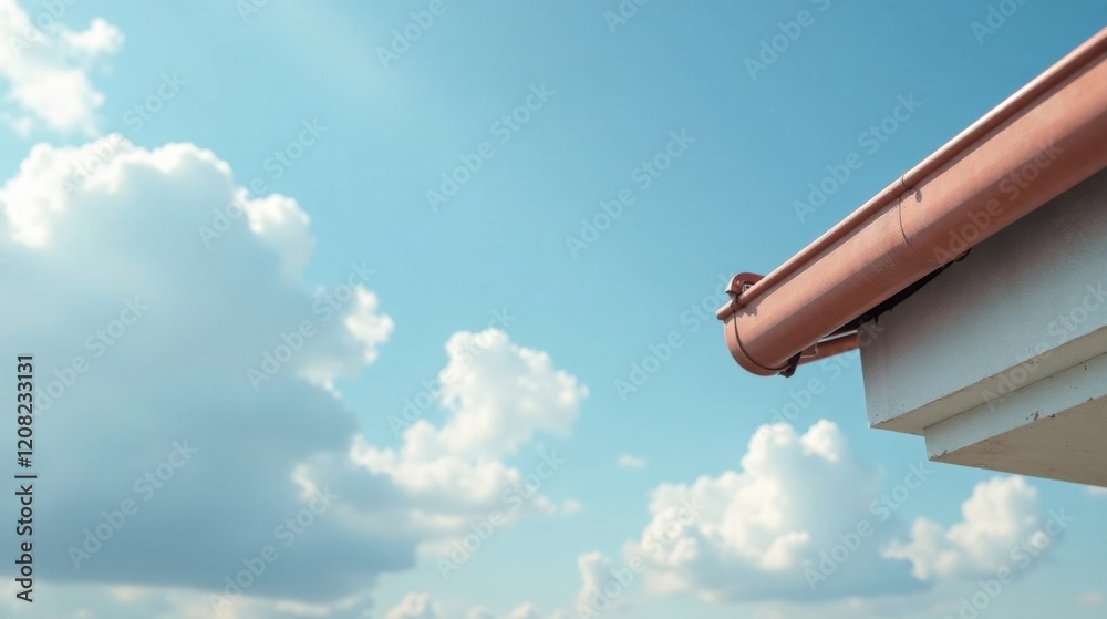 A Peach-Colored Gutter Against a Bright Blue Sky with Fluffy White Clouds A Peach-Colored Gutter Against a Bright Blue Sky with Fluffy White Clouds