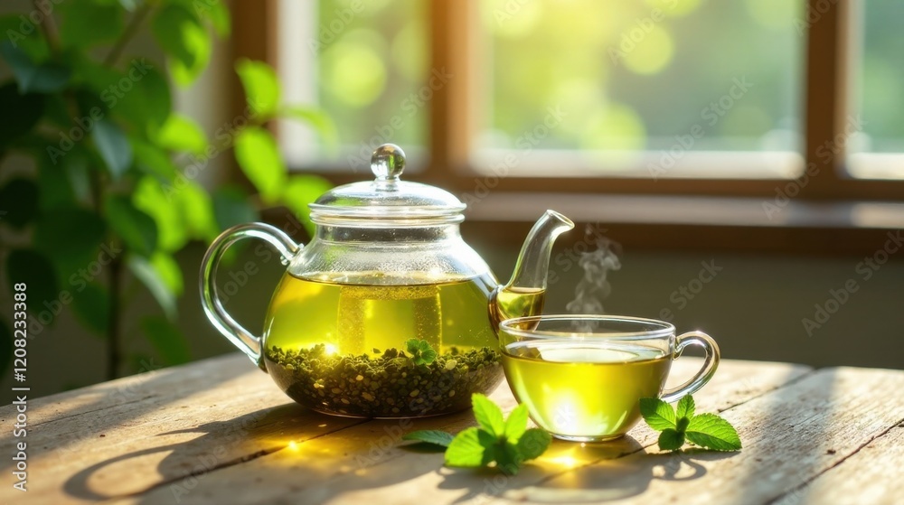 Aromatic herbal tea brewed in a glass teapot, served in a clear cup, accompanied by fresh mint leaves, bathed in sunlight on a rustic wooden table