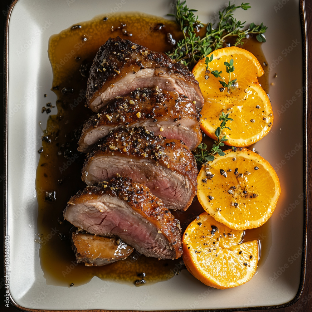 Overhead view: crispy duck plated with orange slices and thyme for minimalistic, modern presentation. Overhead view: crispy duck plated with orange slices and thyme for minimalistic, modern presentation.