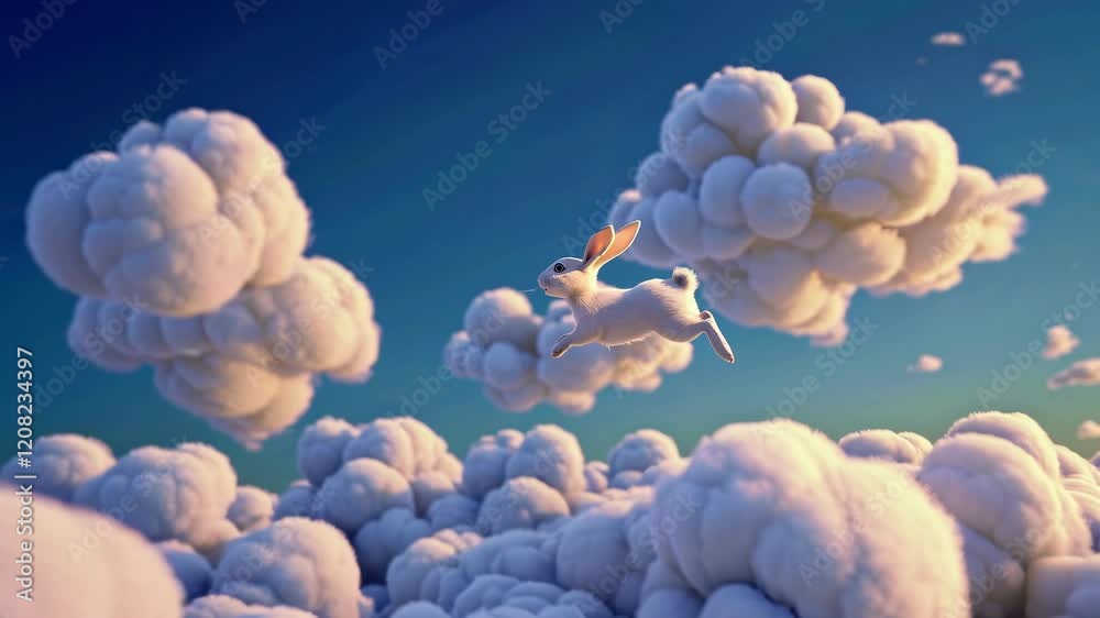 White rabbit running over a beautiful cloudscape at sunset, creating a dreamy and surreal atmosphere, perfect for fantasy or children's projects