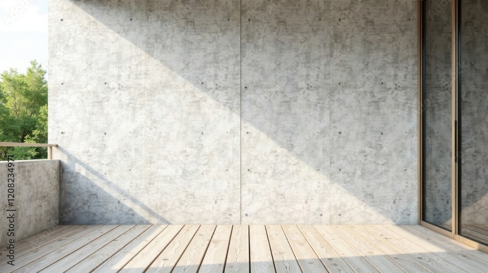 Fototapeta premium Serene Balcony with Exposed Concrete Wall and Wooden Deck, Bathed in Sunlight