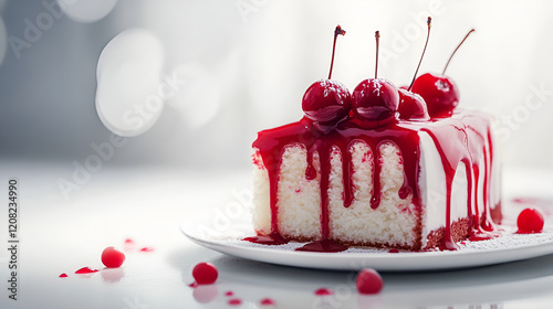 Cherry Cheesecake Bliss: Indulge in the decadent allure of a creamy cheesecake slice, adorned with glistening cherries and a luscious cherry glaze, creating a mouthwatering dessert masterpiece. photo