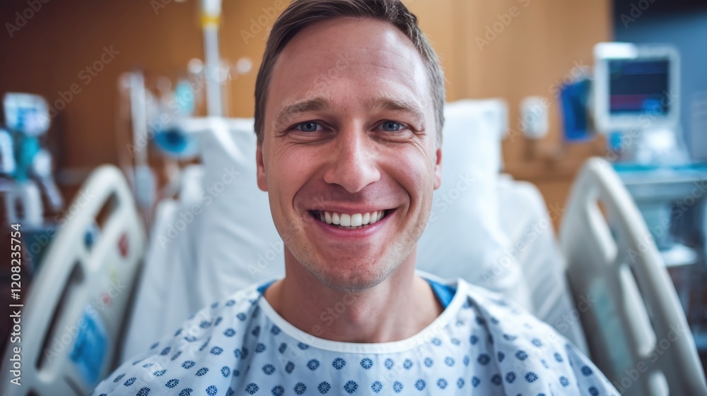 Obraz premium Smiling Caucasian man in a hospital gown, exuding positivity while sitting on a hospital bed, bright and cheerful mood.
