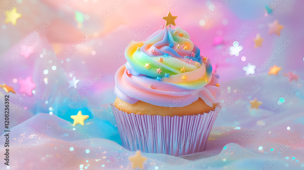 Magical Rainbow Cupcake: A whimsical rainbow cupcake with a golden star topper, sprinkled with edible glitter,  stands out against a backdrop of pastel colors, twinkling stars, and sheer fabric.