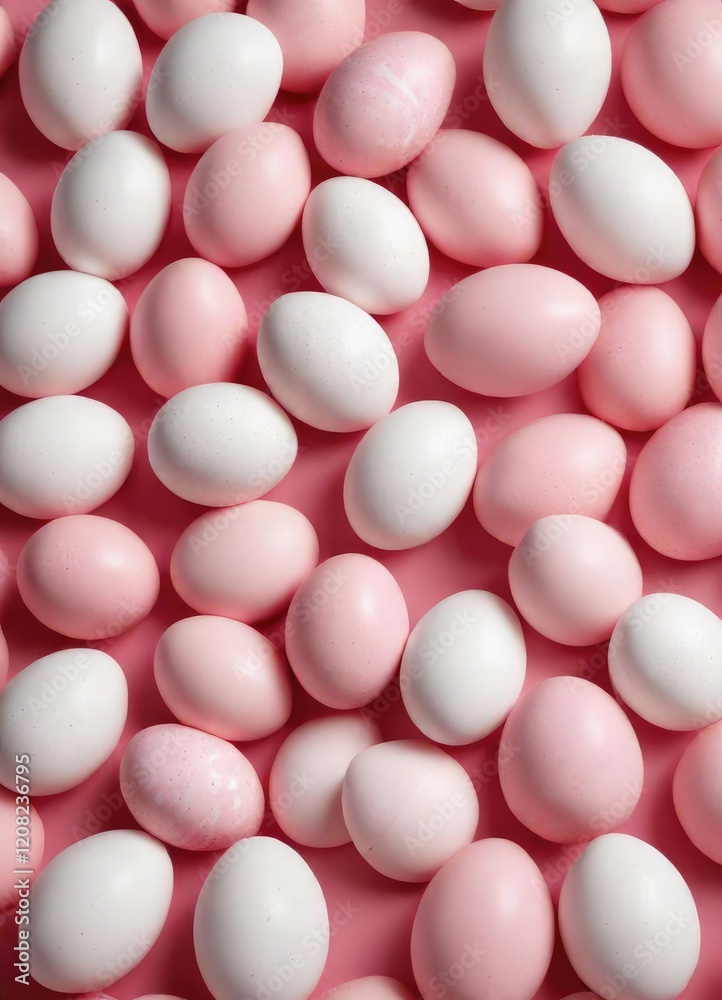Artistic arrangement of pink and white eggs forming a stylish pattern on a pink surface, symbols, brunch, feminine Artistic arrangement of pink and white eggs forming a stylish pattern on a pink surface, symbols, brunch, feminine