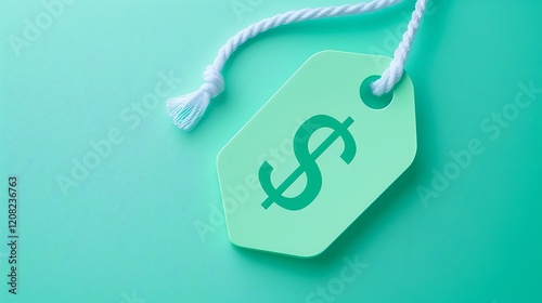 Minimalistic icon of a price tag with dollar sign, elegant in mint green.