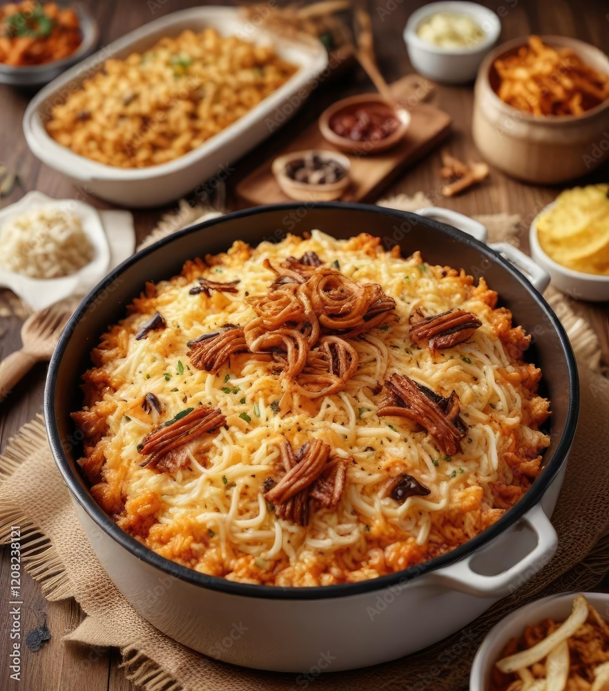 Baked rice casserole topped with crispy onions, spanish cuisine, satisfying meal, comforting food Baked rice casserole topped with crispy onions, spanish cuisine, satisfying meal, comforting food