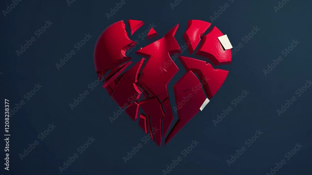 Bandages are keeping together a broken red heart, representing sadness, separation, and relationship difficulties, floating over a gradient background