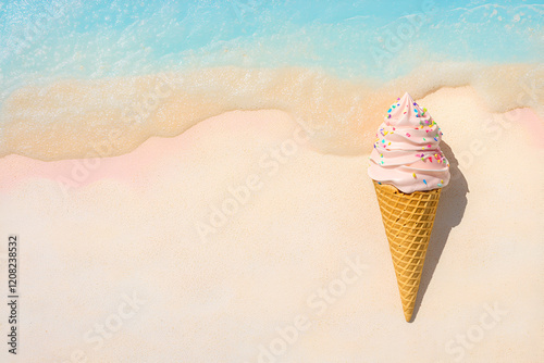 Summer Treat on the Beach: A pink and white ice cream cone with sprinkles sits on a sandy beach with foamy blue ocean water in the background, a perfect summertime treat.