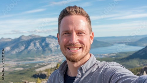 A smiling Caucasian man enjoys a sunny day on a mountain, with a stunning view of a lake and rolling hills in the background.