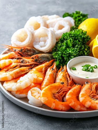 Seafood Platter with Lemon and Herbs - A delicious seafood platter featuring cooked shrimp, cooked calamari, lemon slices, and fresh parsley.  Perfect for a special occasion. photo