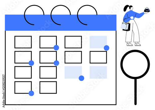 Woman arranging tasks on a large calendar, using magnifying glass for focus. Ideal for time management, scheduling, deadlines, teamwork, organization, productivity reminders. Minimal abstract line