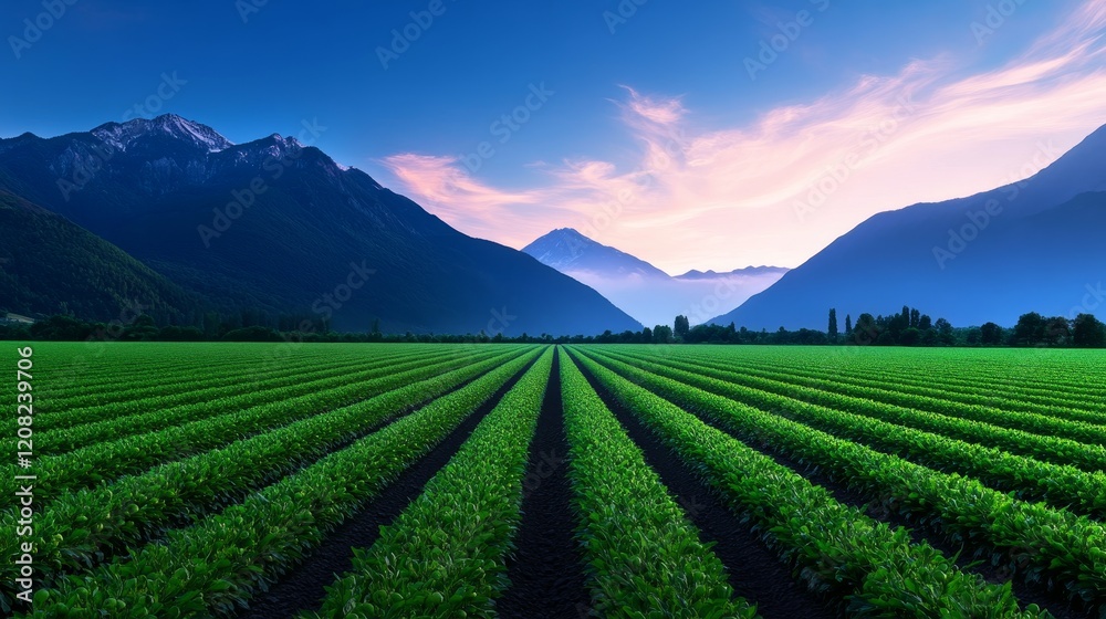 Serene Mountain Farmland - Lush green rows of crops stretch across a vast valley, framed by majestic mountains under a vibrant sunset sky. Serene Mountain Farmland - Lush green rows of crops stretch across a vast valley, framed by majestic mountains under a vibrant sunset sky.