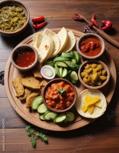 Bhajyanche katlet with a side of spicy chutney and pickles on a simple wooden platter , , breakfast photo