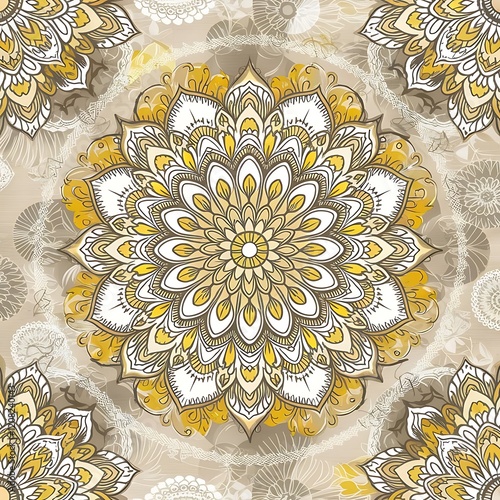Raster Hand drawn zentangle floral beige, white and yellow colors. Seamless pattern ethnic mandalas, doodle background circles. Beige, white and yellow pattern.