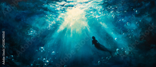 A painted underwater scene depicting a silhouetted figure floating towards sunbeams piercing through deep blue waters with swirling bubbles and light effects. Generative AI