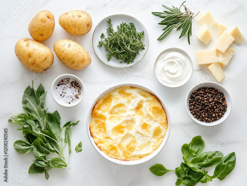 Stylishly arranged flat-lay of potato gratin alongside fresh ingredients on white marble.