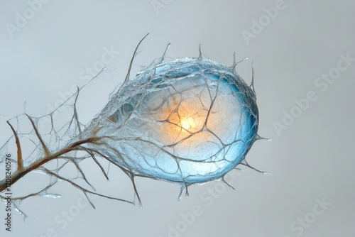 A translucent orb, glowing from within, encased in a delicate, icy web-like structure. photo