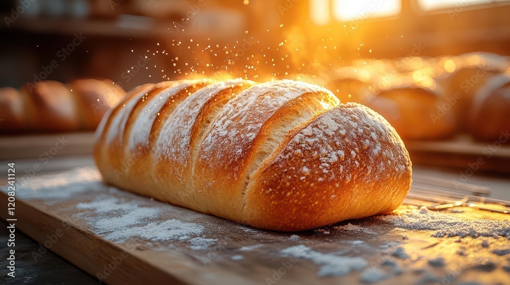 artisanal rustic loaf with perfectly caramelized crust and dusted with flour displayed on vintage copper cooling rack warm morning light streaming through bakery window artisanal rustic loaf with perfectly caramelized crust and dusted with flour displayed on vintage copper cooling rack warm morning light streaming through bakery window