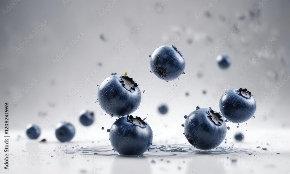 Blueberries floating in mid-air amidst a scattered mist of water droplets on a white background , blueberries, mist Blueberries floating in mid-air amidst a scattered mist of water droplets on a white background , blueberries, mist