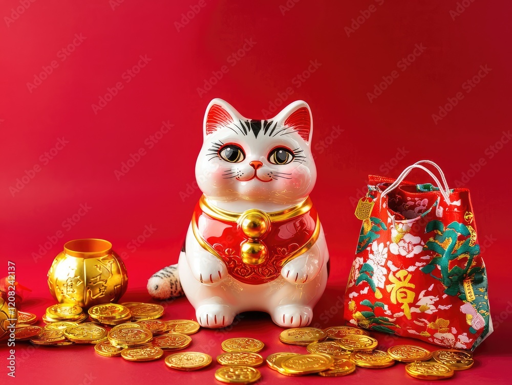 Decorative porcelain lucky cat with a vibrant red and gold design, surrounded by gold coins, ornate pouches, and festive elements on a rich red background. Ideal for New Year, prosperity Decorative porcelain lucky cat with a vibrant red and gold design, surrounded by gold coins, ornate pouches, and festive elements on a rich red background. Ideal for New Year, prosperity