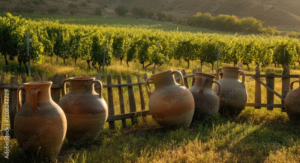 Rows of vineyards with large clay pots in foreground under sunny sky Rows of vineyards with large clay pots in foreground under sunny sky