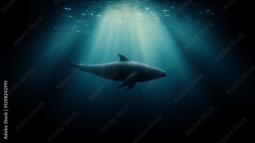 Fototapeta premium Majestic whale gliding through deep ocean waters with beams of sunlight piercing the surface