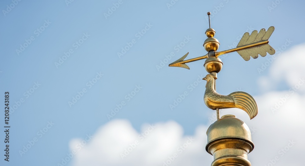 Gold rooster weather vane with arrow atop roof against blue sky background Gold rooster weather vane with arrow atop roof against blue sky background