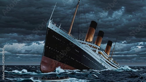 Passengers escaping on lifeboats while the titanic sinks into the dark ocean at night, surrounded by dramatic clouds and turbulent waves, capturing a moment of tragedy and history