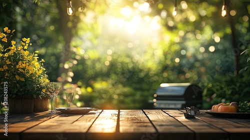 Sunny Summer Backyard with Wooden Table, BBQ Grill, and Blurred Greenery in the Background