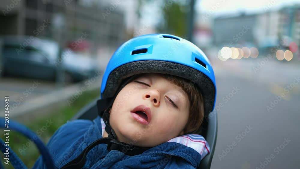 One small boy napping in bicycle's backseat wearing helmet with city in background. Child sleeping during bike ride and mouth open One small boy napping in bicycle's backseat wearing helmet with city in background. Child sleeping during bike ride and mouth open